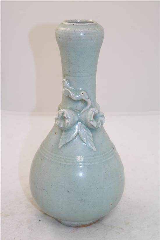 An unusual Chinese Longquan celadon garlic neck bottle vase, Song / Yuan dynasty, 28cm, glaze cracks